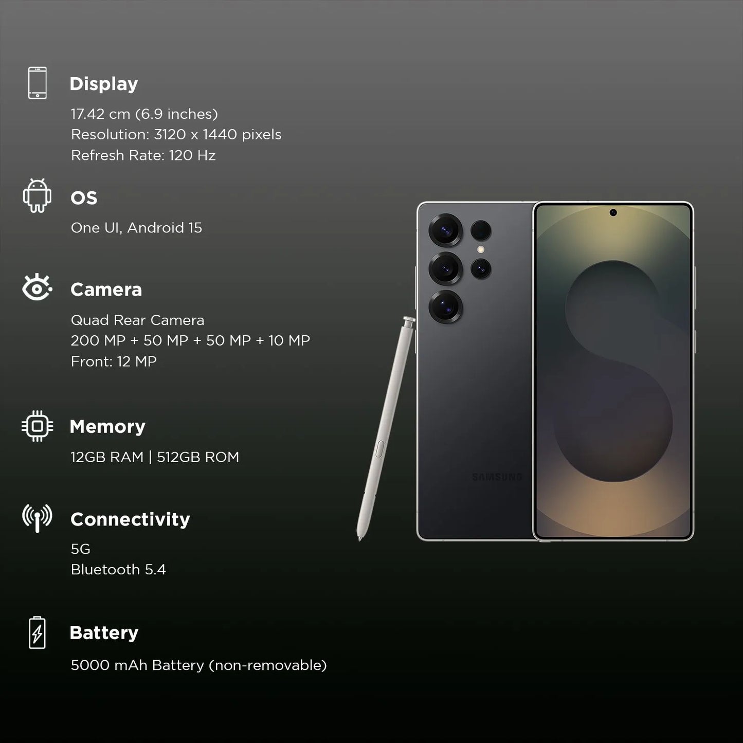 SAMSUNG Galaxy S25 Ultra 5G (12GB RAM, Titanium Black).